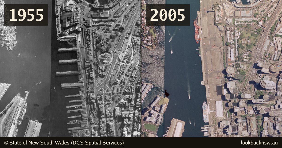 Aerial photos of Barangaroo in 1955 and 2005, side by side