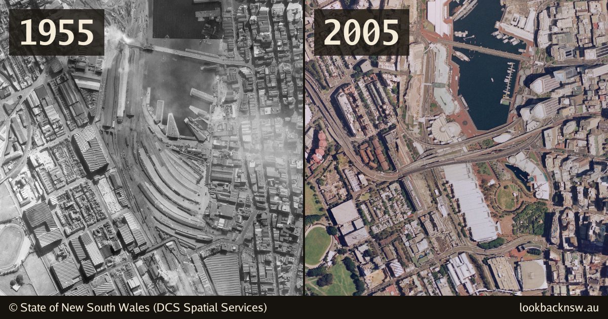 Aerial photos of Darling Harbour in 1955 and 2005, side by side
