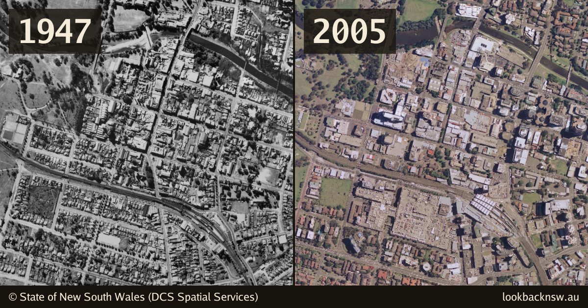Aerial photos of Parramatta city centre in 1947 and 2005, side by side