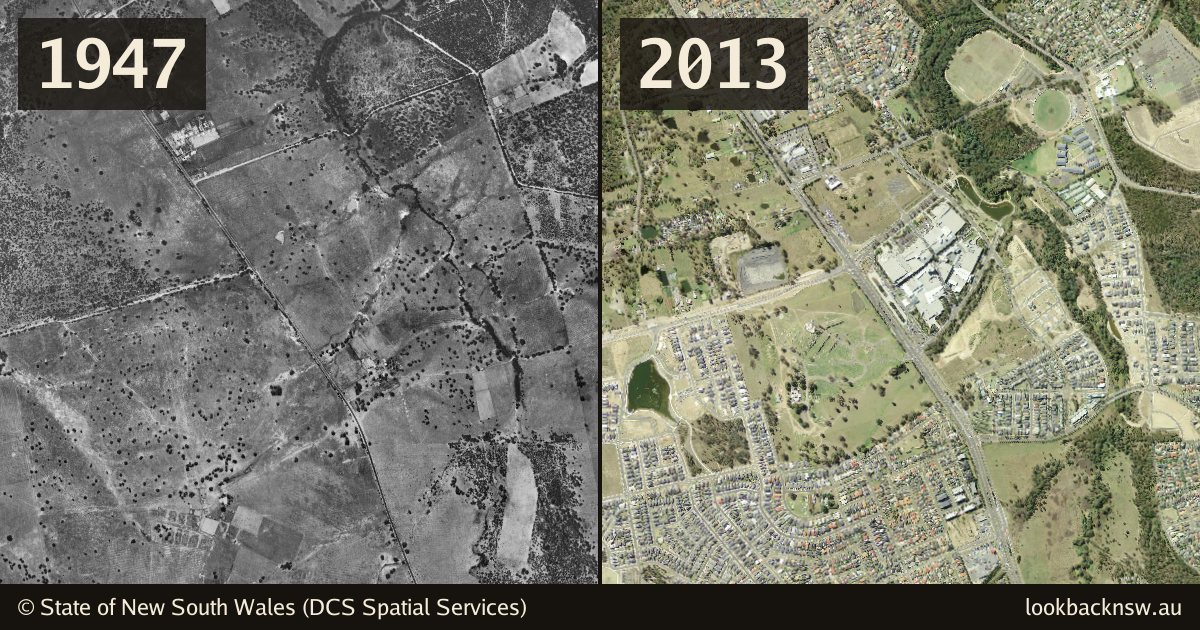 Aerial photos of Rouse Hill in 1947 and 2013, side by side