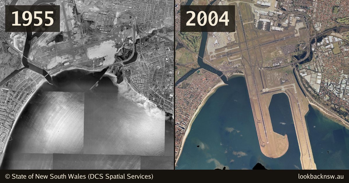 Aerial photos of Sydney Airport in 1955 and 2004, side by side