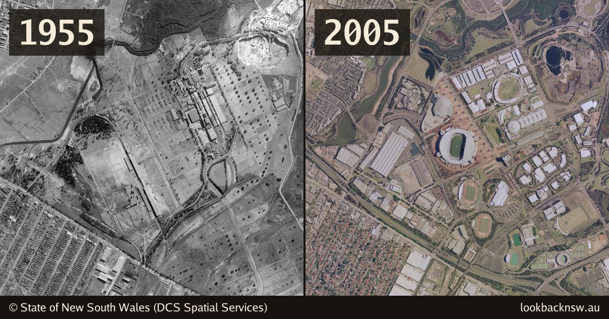 Aerial photos of Sydney Olympic Park in 1955 and 2005, side by side